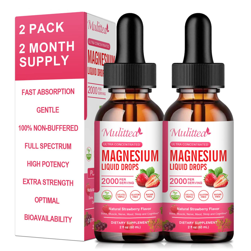 Mulittea Magnesium Glycinate Liquid bottle shows a sugar-free vegan formula for daily wellness.