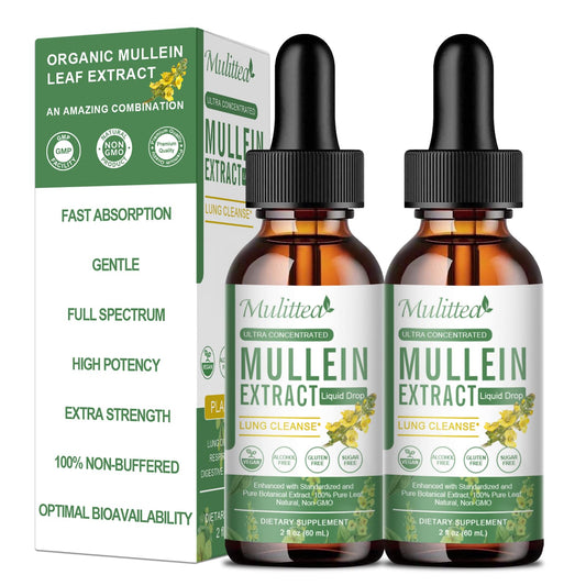 Mulittea Mullein Drops bottle front view highlighting vegan, alcohol-free formula for lung support.