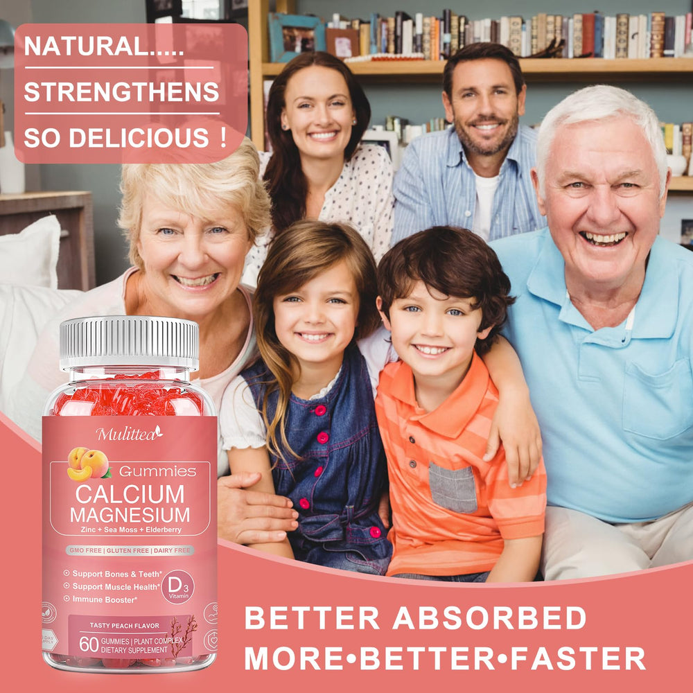 Vegan, gluten-free Mulittea Plan Calcium Gummies packaging highlights clean ingredients
