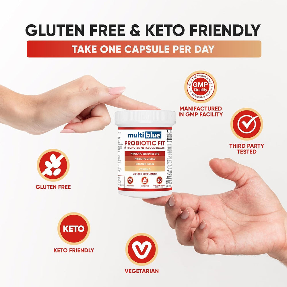 MultiBlue Probiotic Fit capsules beside bottle illustrate easy daily regimen.
