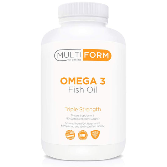 Multiform Omega-3 fish oil bottle with burpless softgels for easy swallowing.