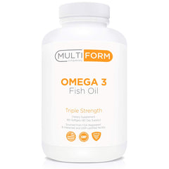 Multiform Omega-3 fish oil bottle with burpless softgels for easy swallowing.