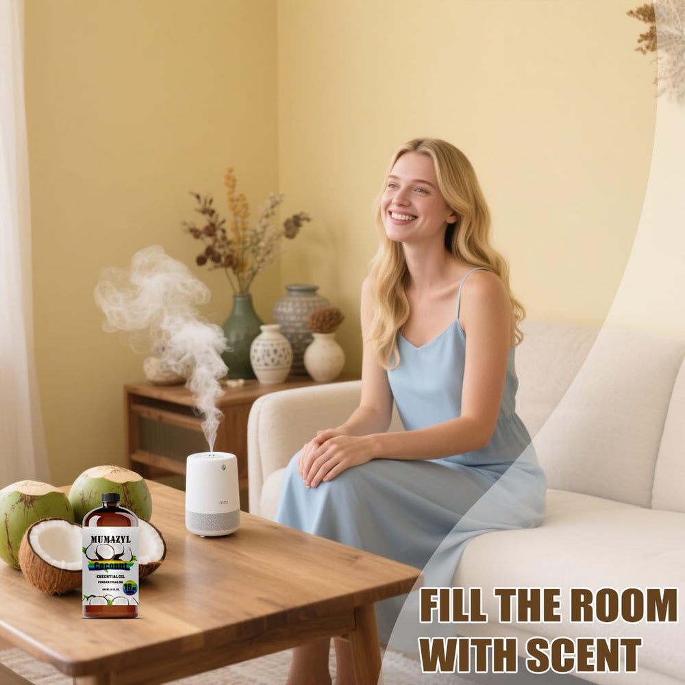 MUMAZYL coconut oil shown for diffuser use to enhance room fragrance.