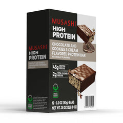 MUSASHI High Protein Bar 12-pack display, convenient multipack for busy days.