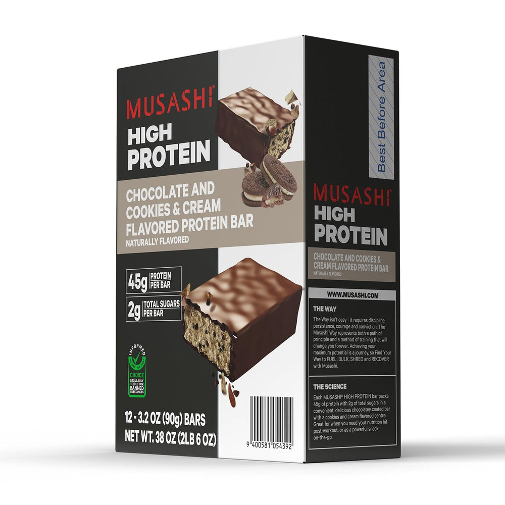 MUSASHI High Protein Bar athlete-tested label, trusted for performance nutrition.