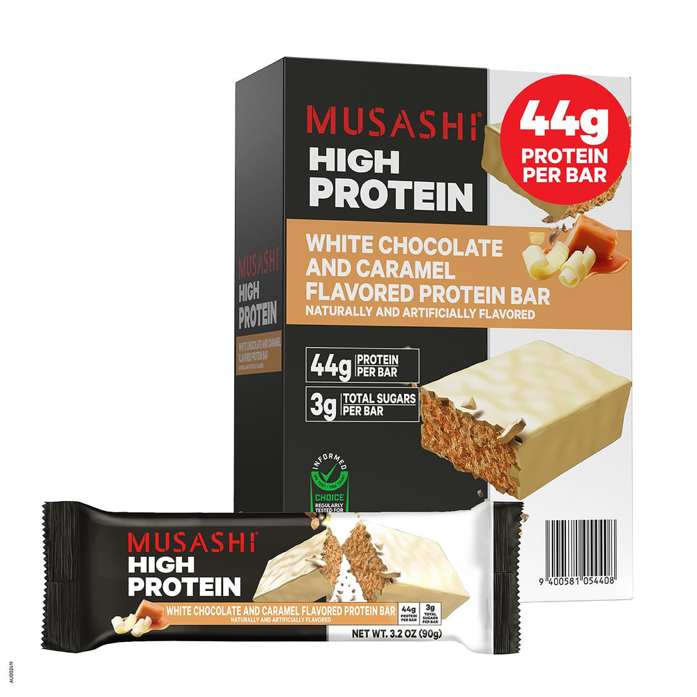 Musashi High Protein Bar packaging front highlighting 45g protein for athletes on the go