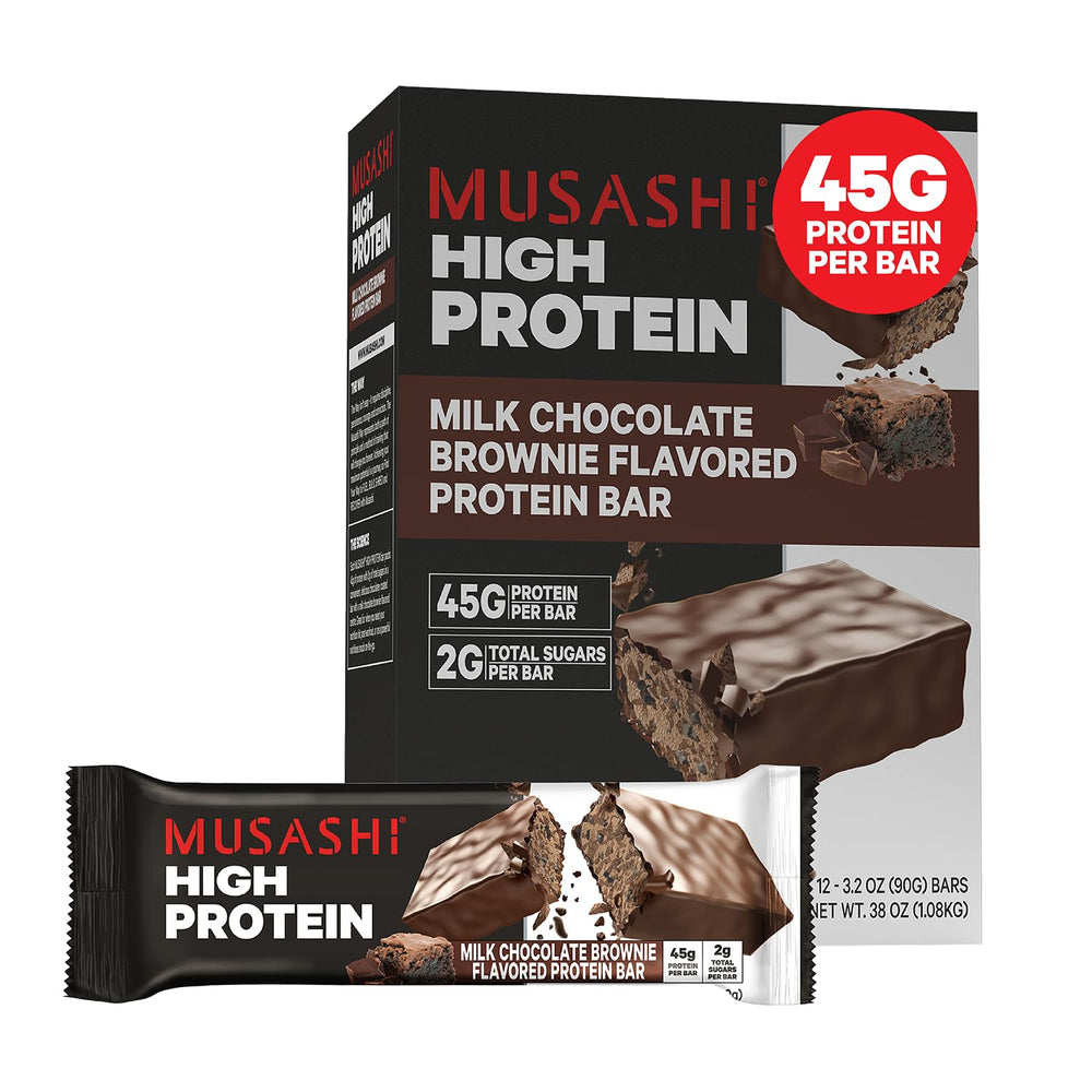 Musashi High Protein Bar packaging shown for convenient on-the-go fueling.
