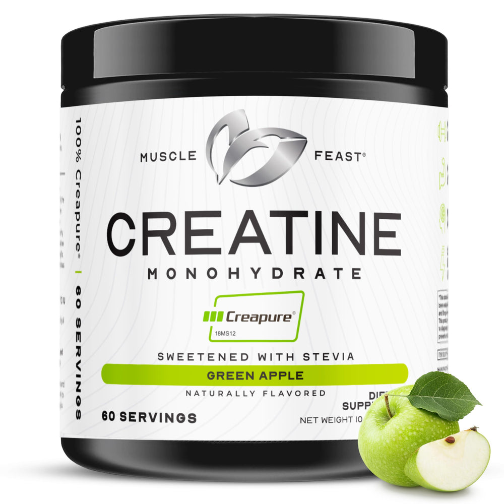 Muscle Feast Creapure creatine powder bottle boosts endurance during bursts.