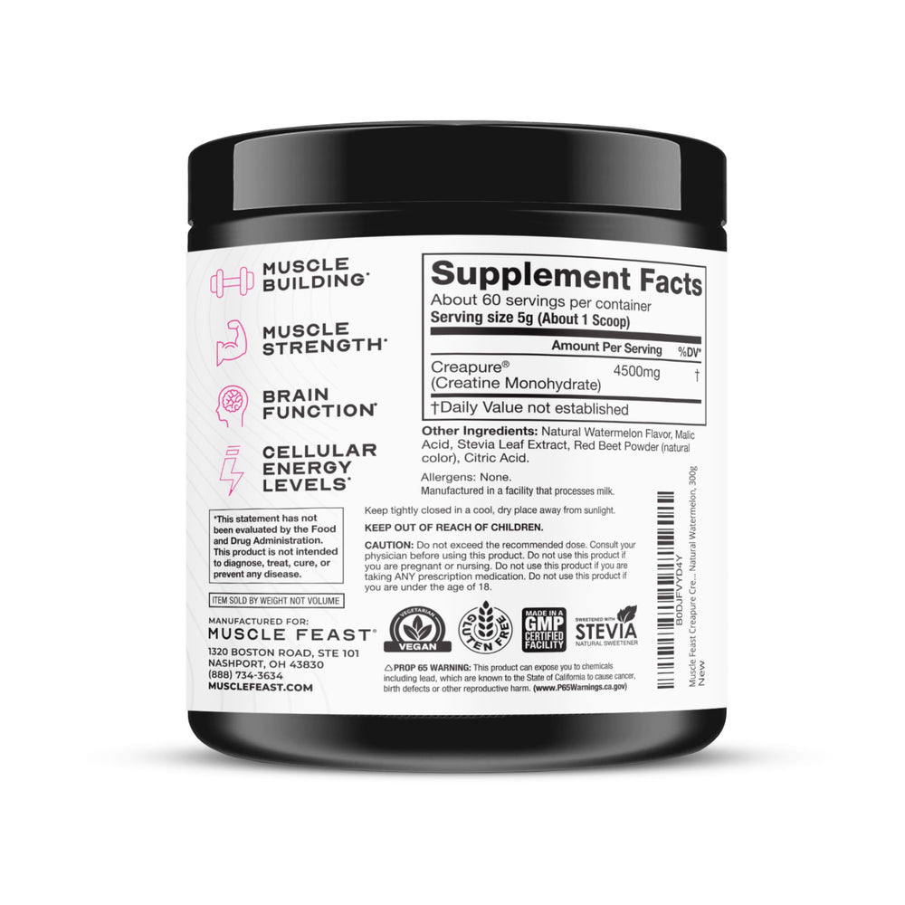 Muscle Feast Creapure natural watermelon flavor adds tastier supplementation experience.