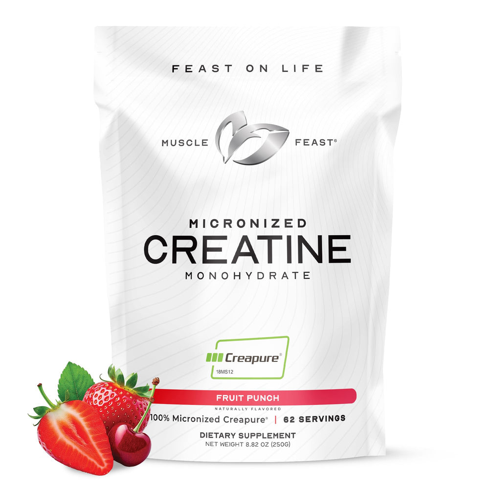 Muscle Feast Creapure powder jar showing premium German creatine quality for clean gains.