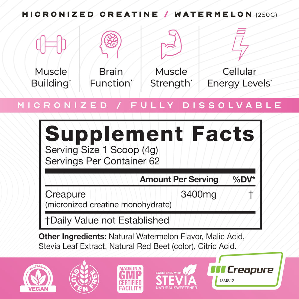Muscle Feast Creapure Watermelon label emphasizes purity and German quality.
