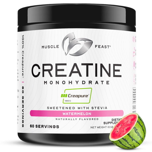 Muscle Feast Creapure watermelon powder jar for easy mixing and flavor.