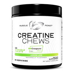 Muscle Feast creatine chews lemon-lime bottle front view for easy pre-workout fueling