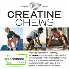 Muscle Feast Creatine Monohydrate Chewables on hand highlight lemon lime flavor for quick fueling.