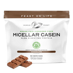 Muscle Feast micellar casein chocolate front label highlights pasture-raised quality for slow release