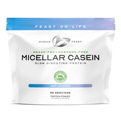 Muscle Feast grass-fed micellar casein powder in scoop with natural color packaging, creamy shake potential
