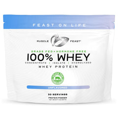 Muscle Feast grass-fed whey bottle highlights natural protein for daily workouts.