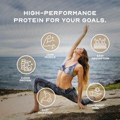 Muscle Feast grass-fed whey isolate scoop with powder and nutrition label