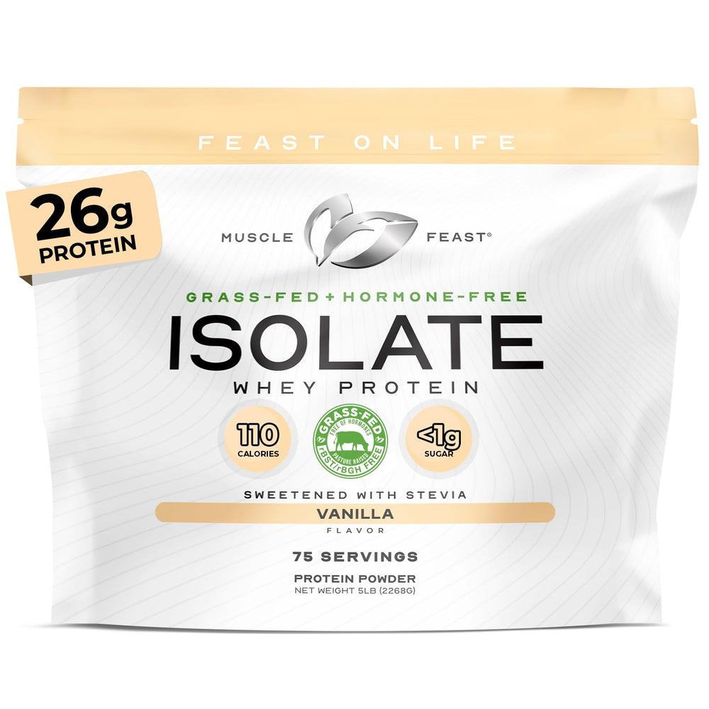 Muscle Feast grass-fed whey isolate vanilla powder for a clean protein boost