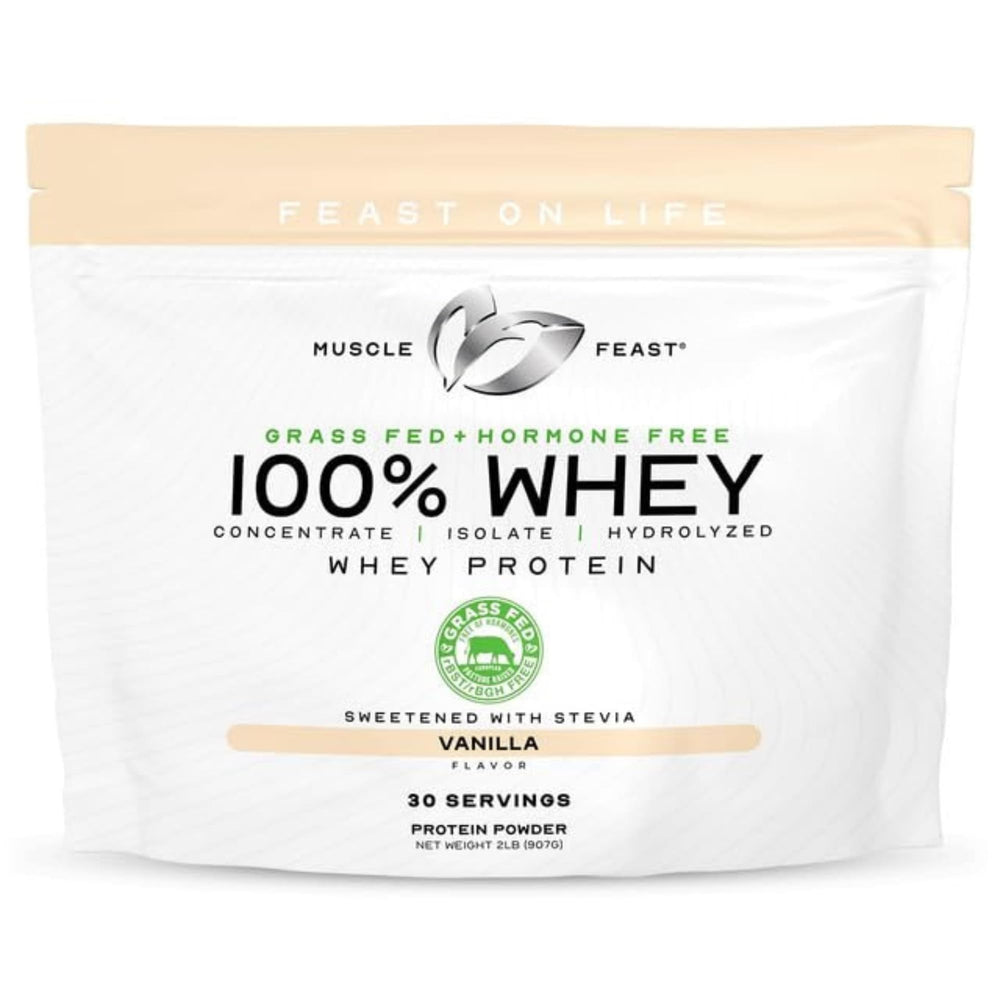 Muscle Feast grass-fed whey protein bottle labeled vanilla for shakes