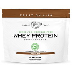 Muscle Feast grass-fed whey protein concentrate chocolate packaging highlighting clean nutrition.