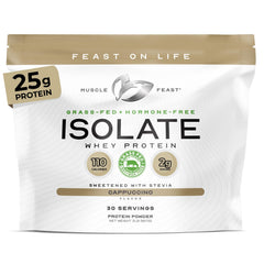 Muscle Feast grass-fed whey protein powder in a scoop for daily shakes.