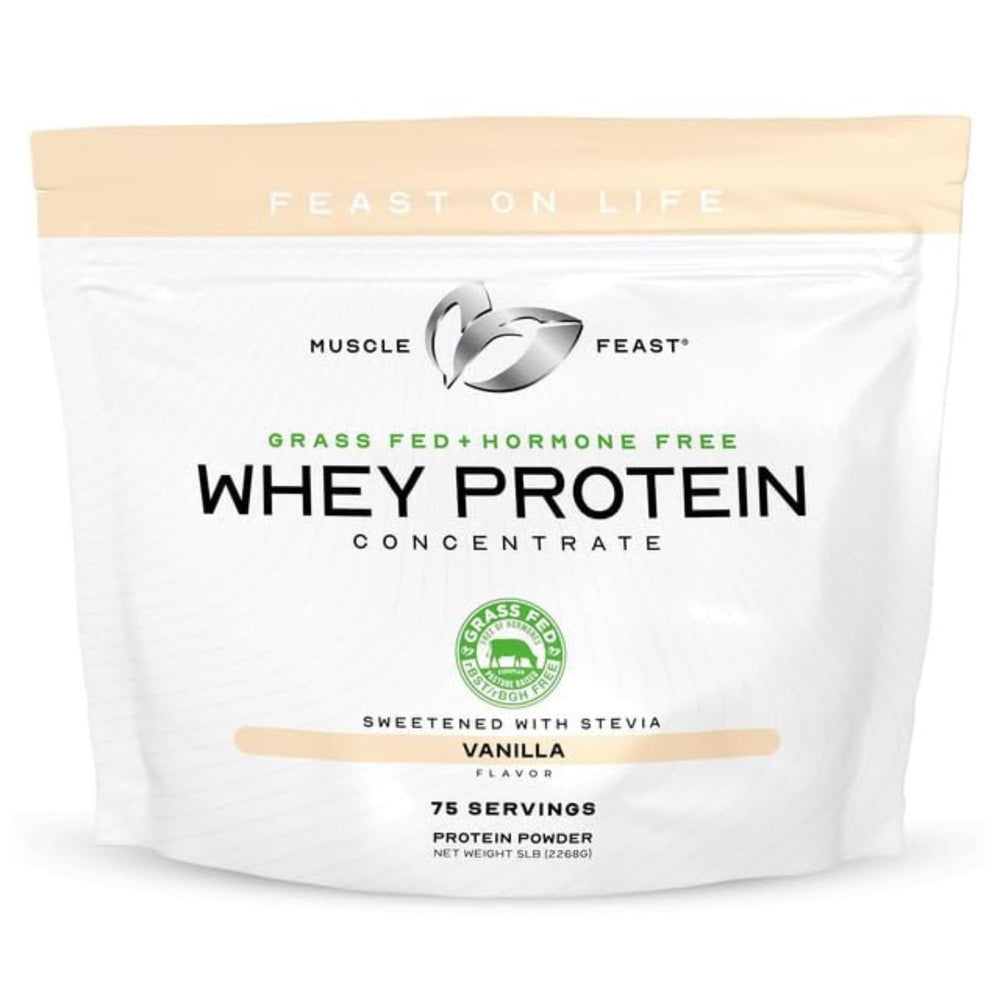 Muscle Feast grass-fed whey vanilla 5lb bag highlights natural sourcing for everyday protein.