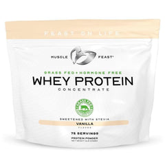 Muscle Feast grass-fed whey vanilla 5lb bag highlights natural sourcing for everyday protein.