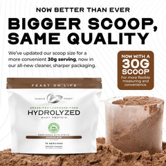 Muscle Feast Hydrolyzed Whey chocolate powder close-up emphasizes rich flavor.