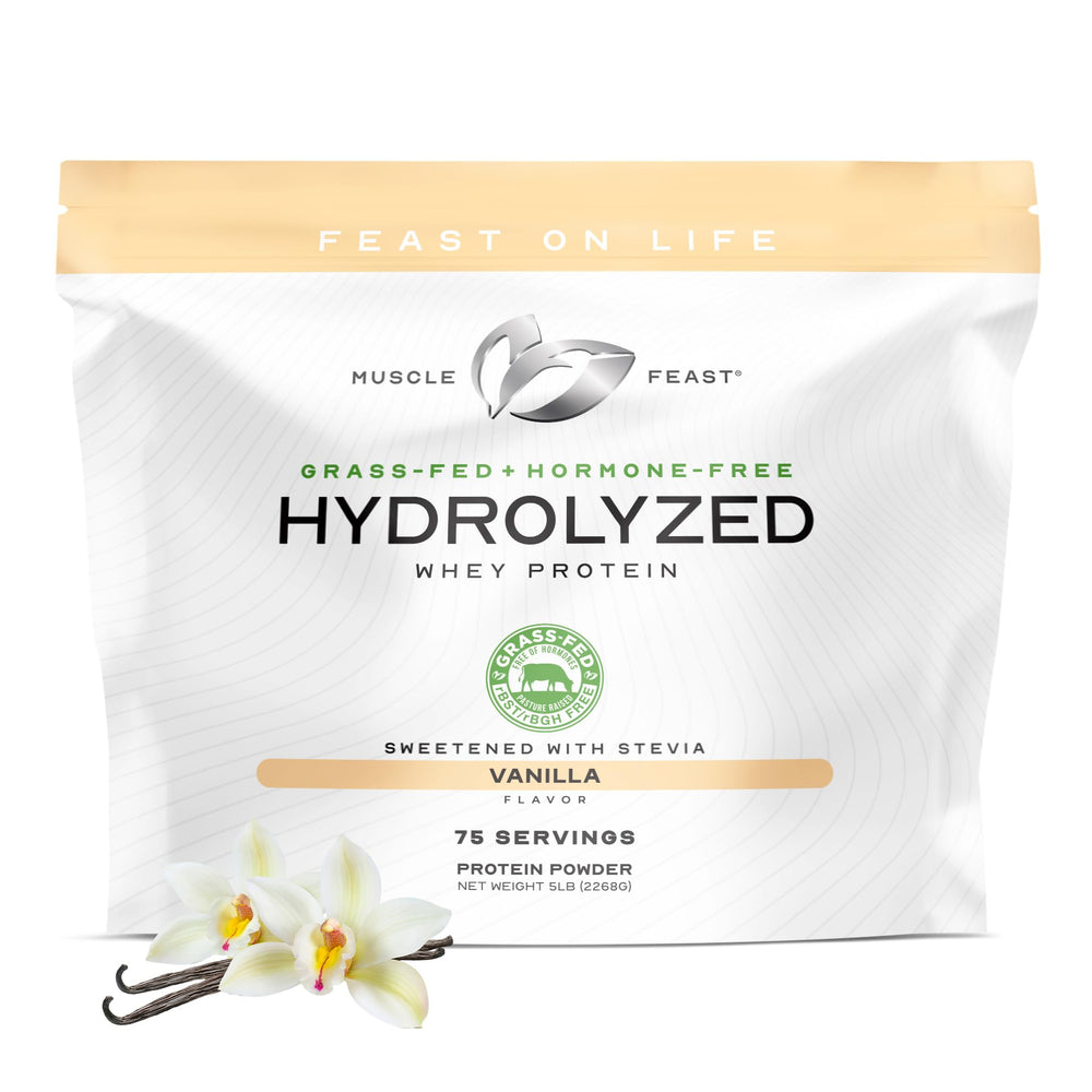 Muscle Feast hydrolyzed whey vanilla packaging highlights gluten-free formula for post-workout protein.