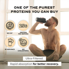Muscle Feast vanilla whey isolate powder with scoop for smooth, shake-ready meals