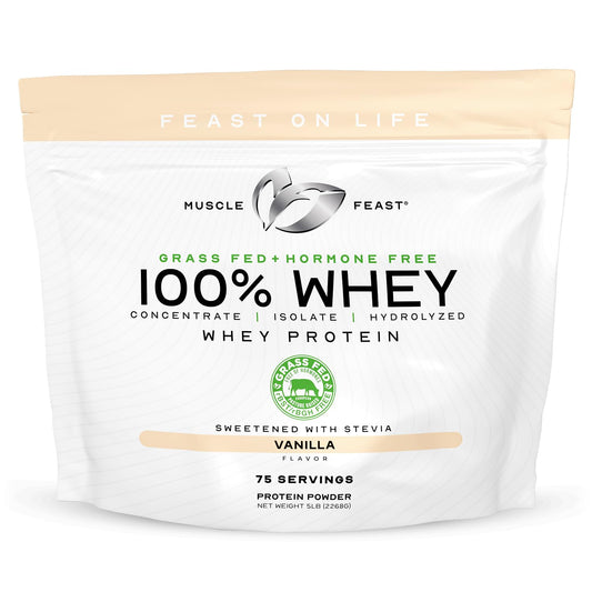 Muscle Feast vanilla whey powder tub for a creamy shake