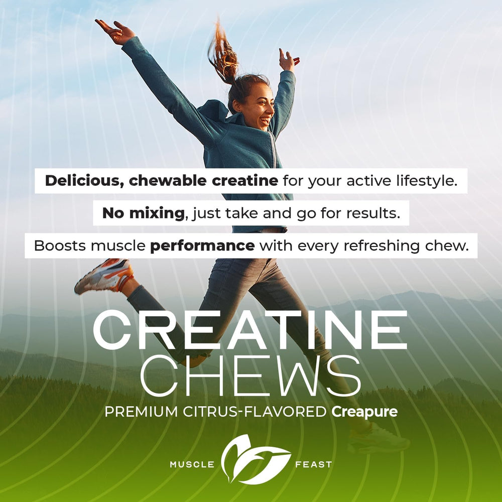 Muscle Feast vegan creatine mono label indicates GMP and DOM compliance.