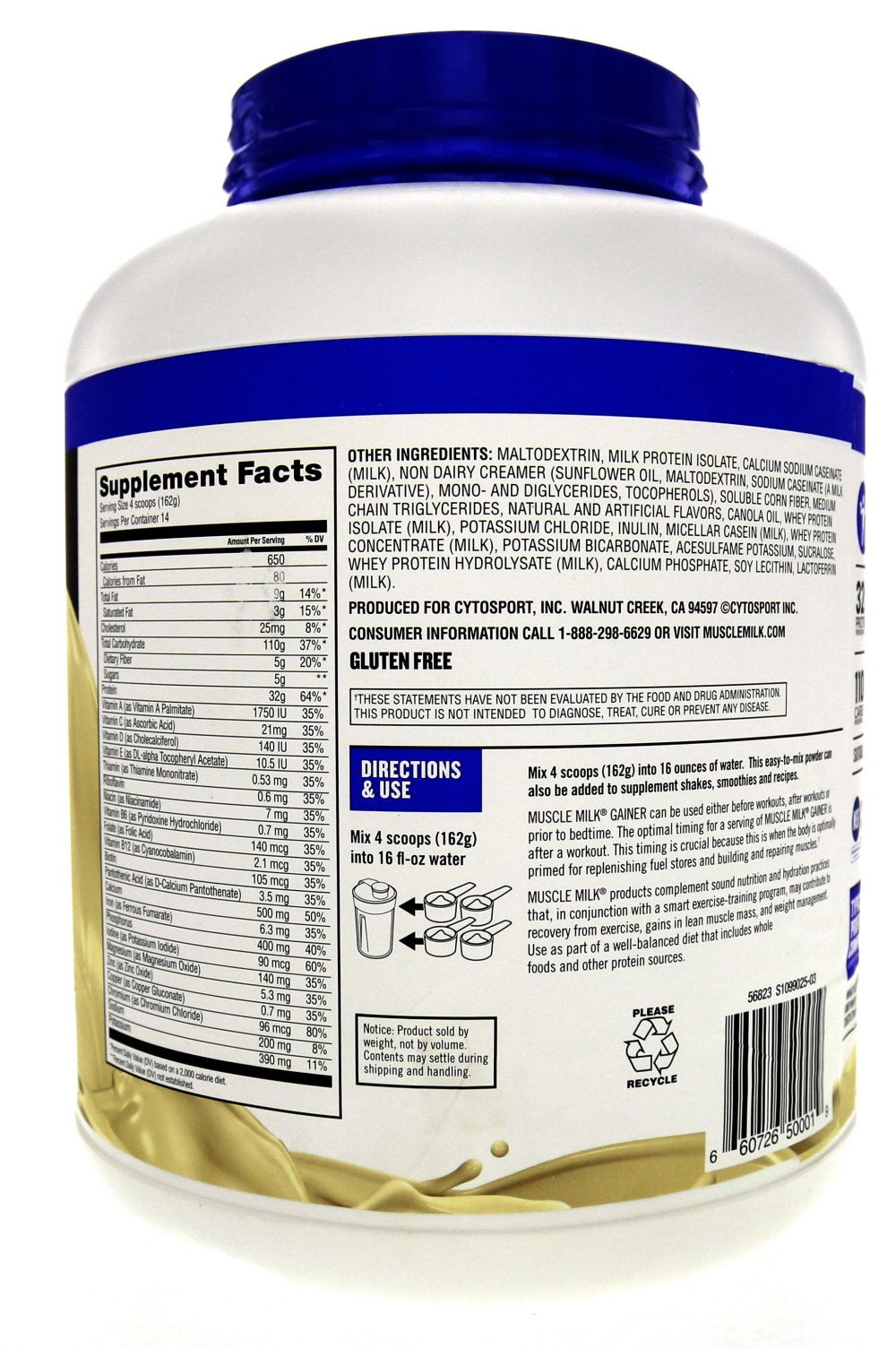 Muscle Milk Gainer 5-pound canister on a kitchen shelf