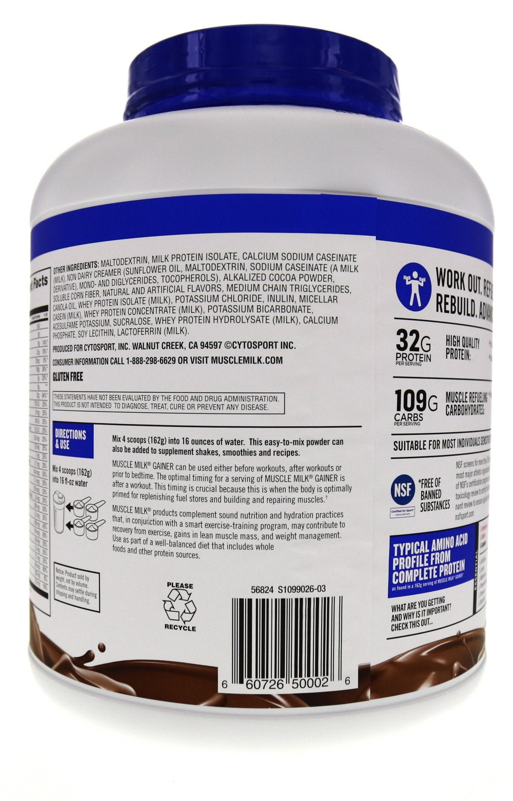 Muscle Milk Gainer chocolate being poured into a glass.