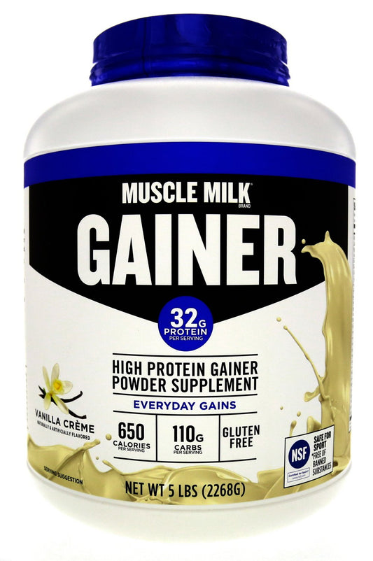 Muscle Milk Gainer Vanilla Creme bottle shows convenient post-workout fueling