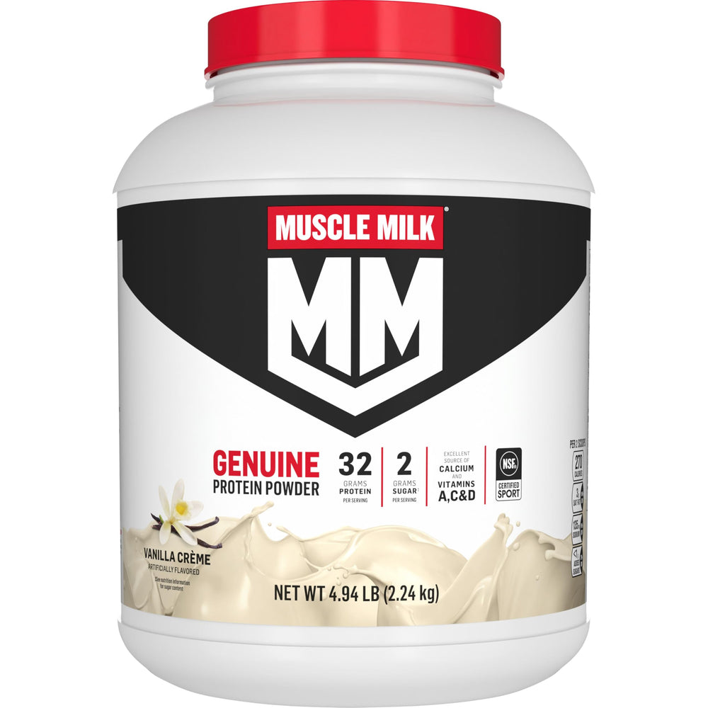 Muscle Milk Genuine Protein Powder Vanilla Creme canister for post-workout recovery and steady protein.