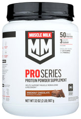 Muscle Milk Knockout Chocolate Pro Series 50 tub front highlights lean protein for workouts.