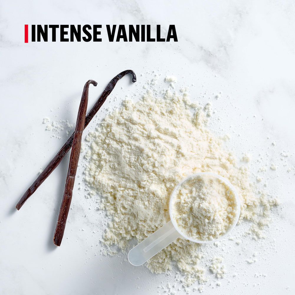 Close-up of Muscle Milk Pro Series Intense Vanilla label for nutrient-rich benefits