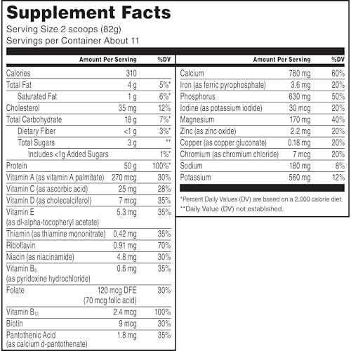 Nutrition facts panel shows 50g protein per serving and 20 vitamins and minerals.