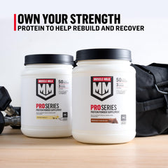 Packaging variations shown for Muscle Milk Pro Series protein powder.