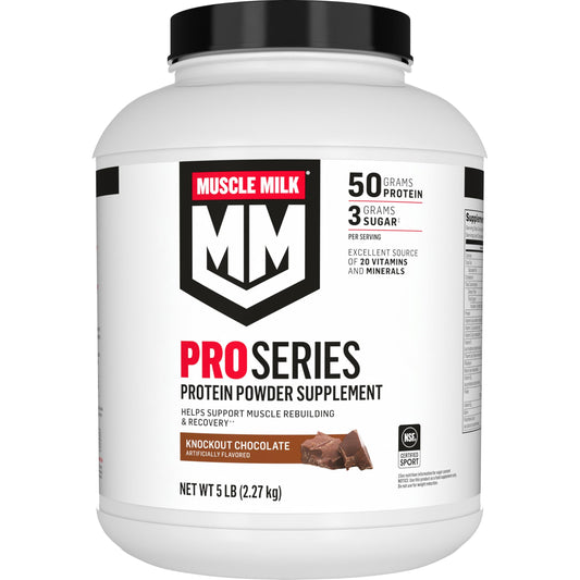 Muscle Milk Pro Series Knockout Chocolate canister for post-workout protein