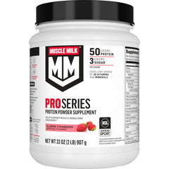 Muscle Milk Pro Series Slammin' Strawberry powder bottle for post-workout nutrition.