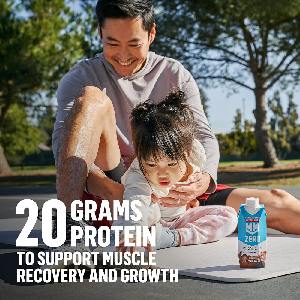 Glass with Muscle Milk Zero Chocolate shake showing creamy texture for quick meals