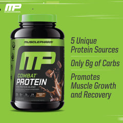 MusclePharm Combat Protein Powder tub shown with a shaker for easy preparation.