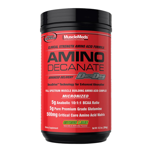 MuscleMeds Amino Decanate Citrus Lime bottle viewed for post-workout use