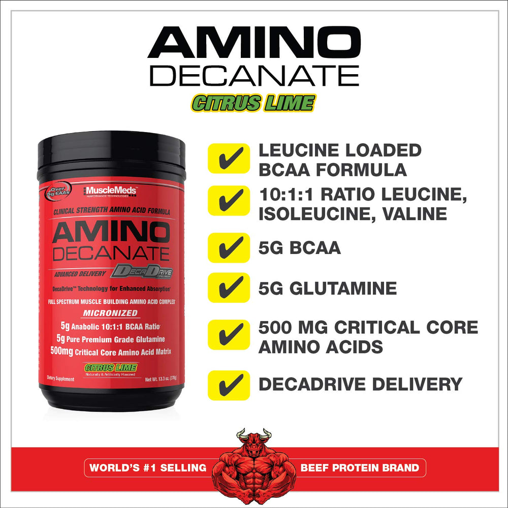 MuscleMeds Amino Decanate label closeup highlighting ingredients
