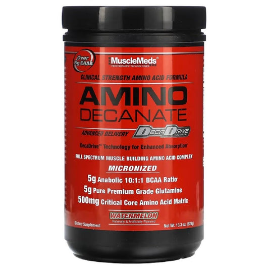 MuscleMeds Amino Decanate watermelon powder ready for post-workout mix and recovery support.