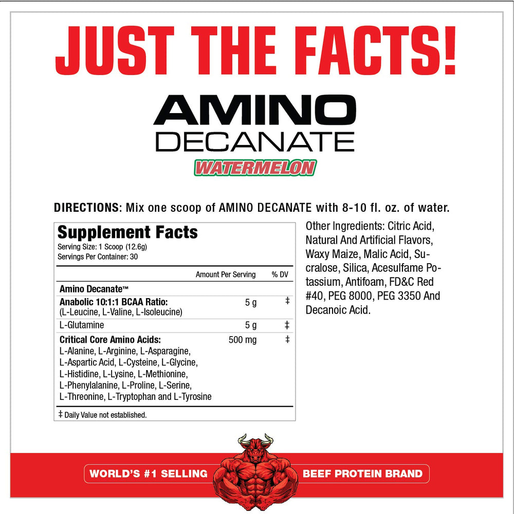 MuscleMeds Amino Decanate watermelon scoop close-up showing powder texture and flavor.