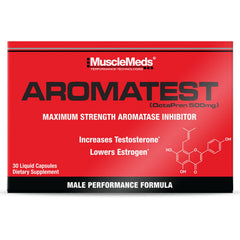 MuscleMeds AROMATEST bottle label highlights potent aromatase inhibitor benefits.